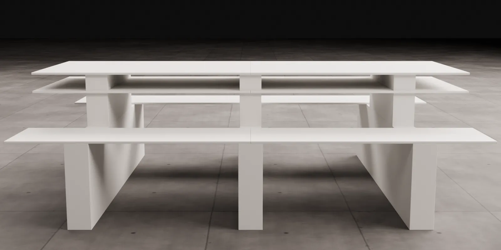 White modular furniture study on a tiled floor against a dark background