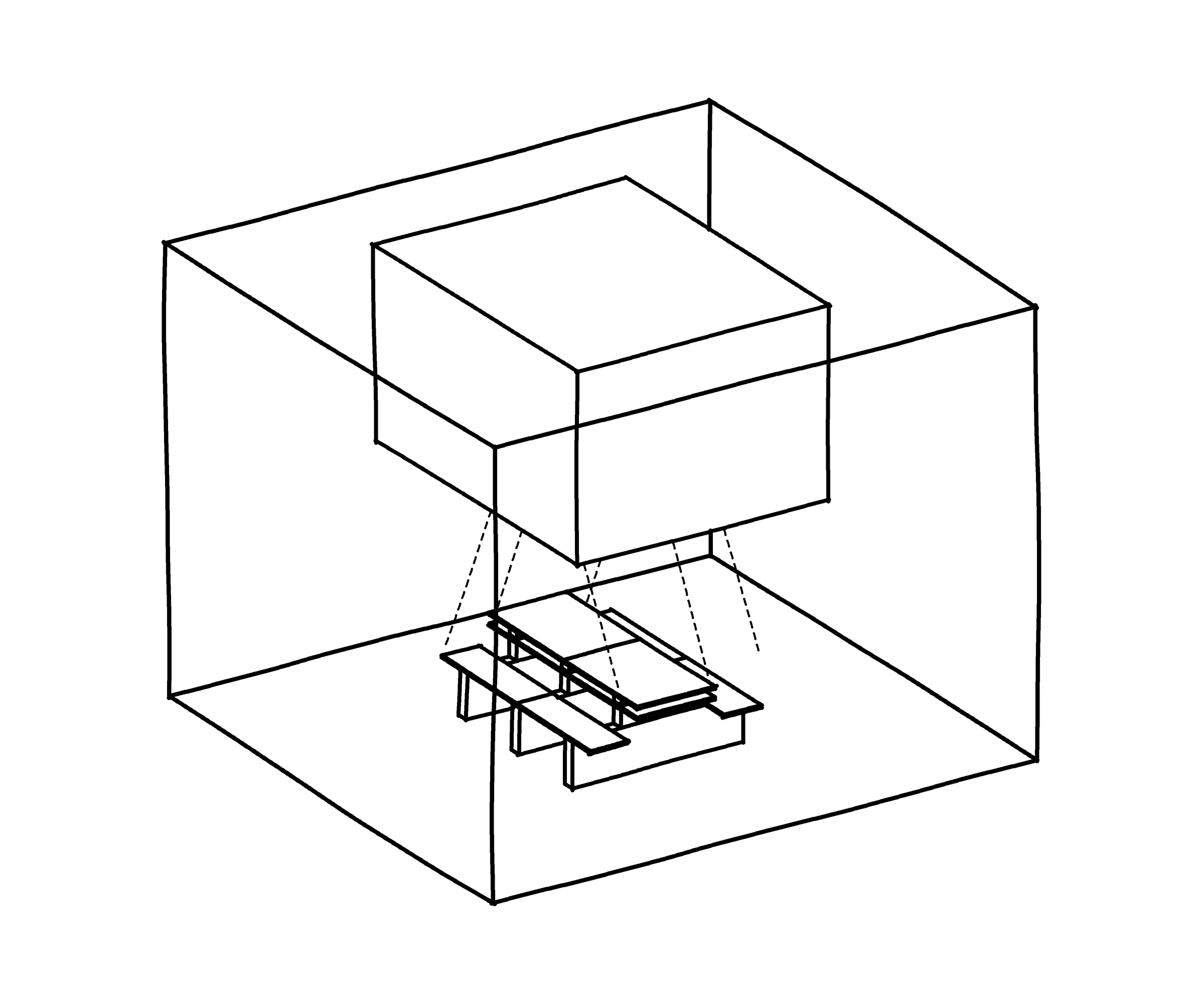 Perspective sketch of the table within a room, showing the overhead volume and direction of light.