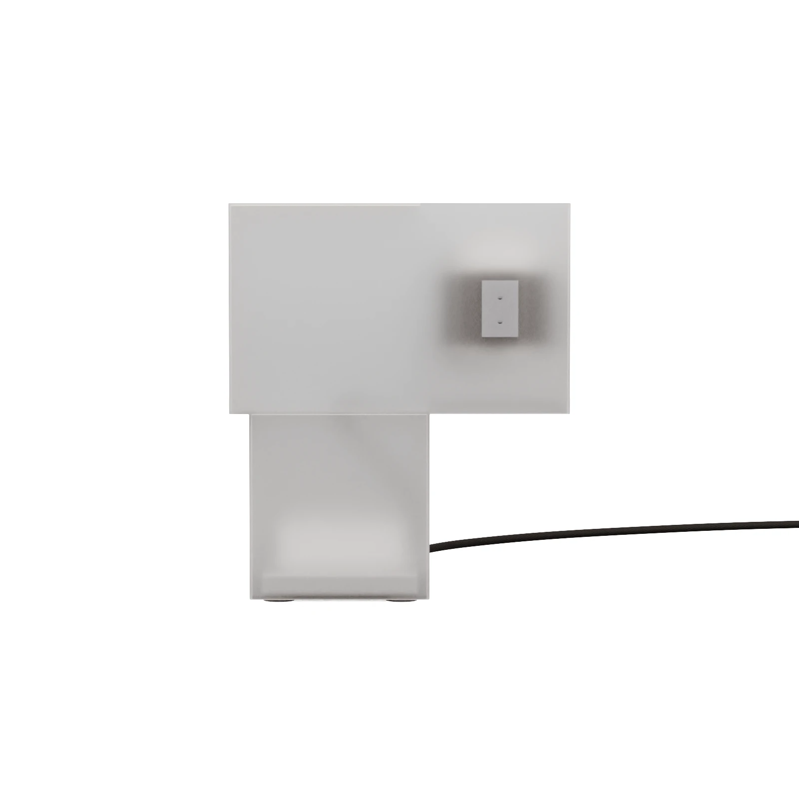 White geometric lighting object with a black power cord against a white background.